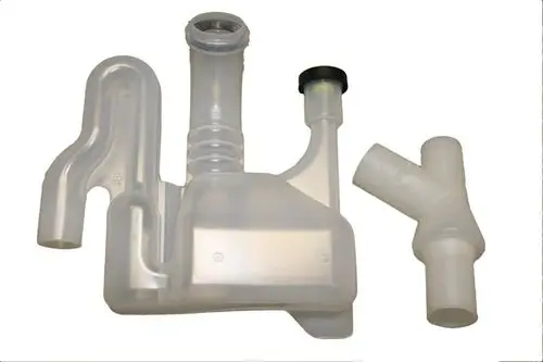 BOSCH Siphon in transparenter Ausführung mit Anschlüssen und integriertem Beutel, geeignet für Abwassersysteme.